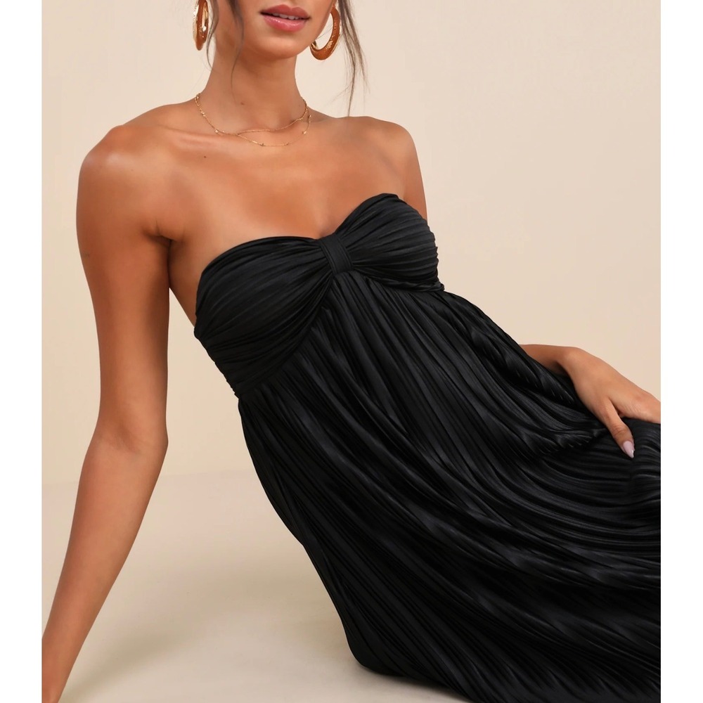 Lulus Whimsical Beauty Black Satin Plisse Strapless Pleated Maxi Gown NWT L 2734